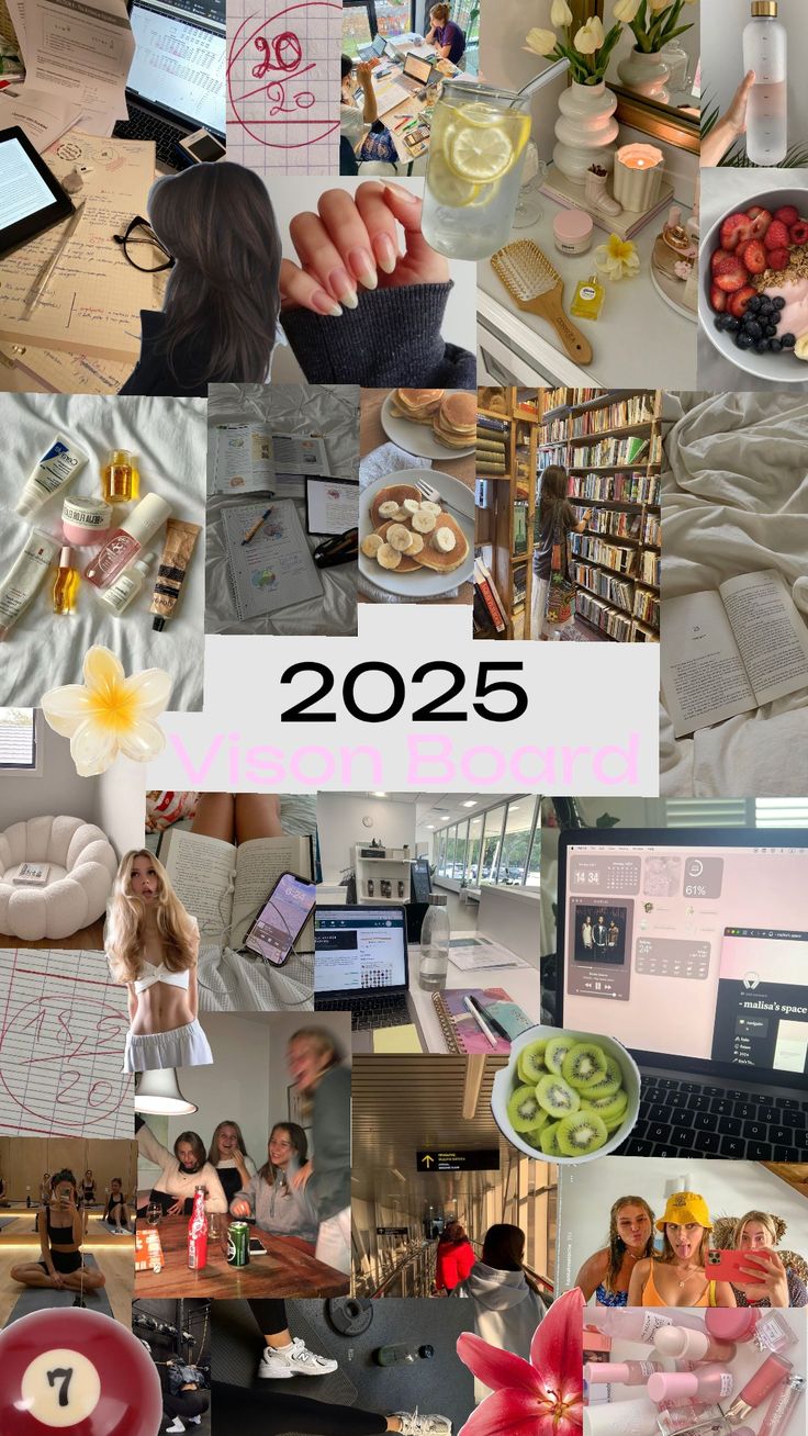 a collage of photos with people and food in them, including flowers, books, laptops, papers, and other items