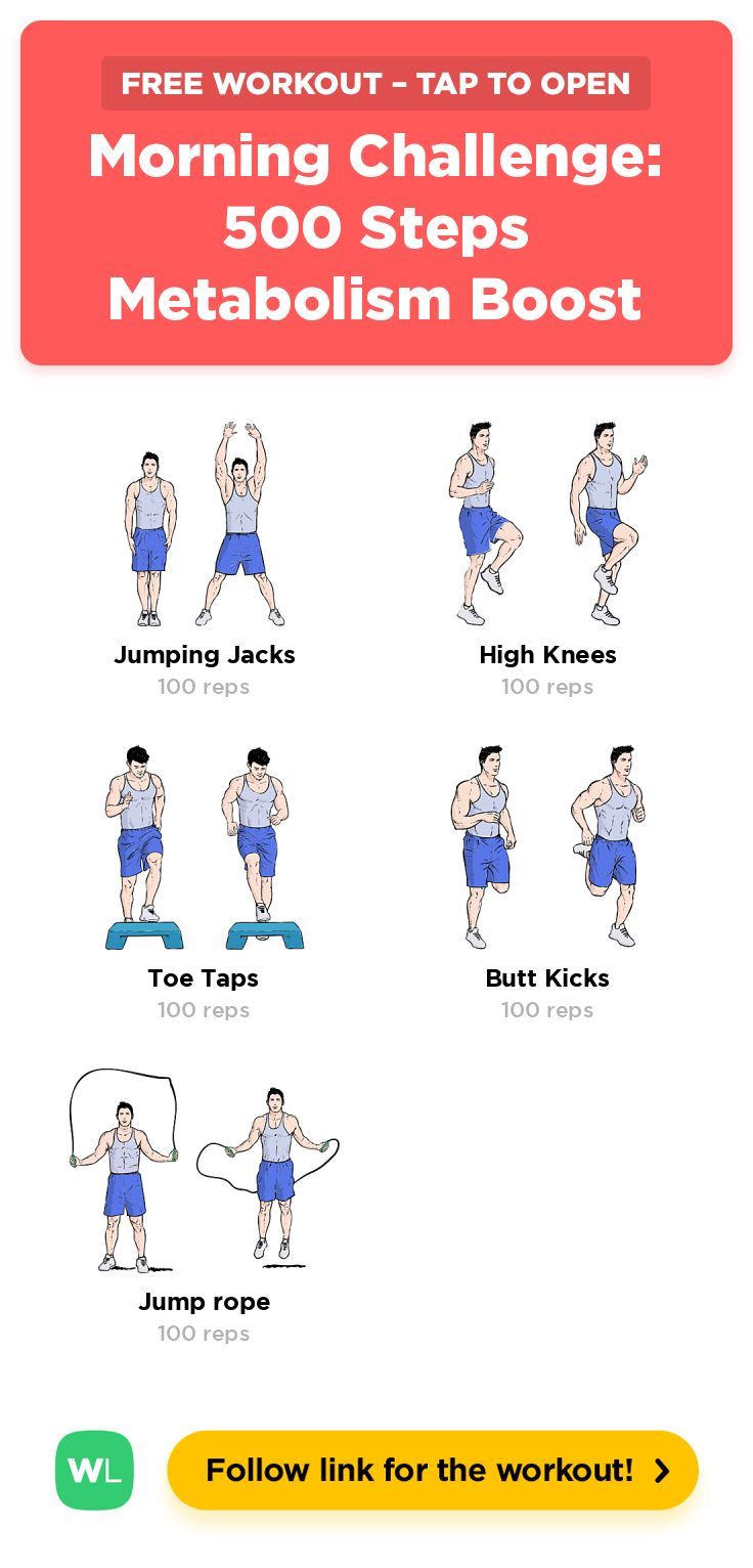 Free workout: Morning Challenge: 500 Steps Metabolism Boost – 26-min abs, legs exercise routine. Click through to do this workout plan for free or download as a printable PDF. Load up in the WorkoutLabs Fit app for the best experience and visit our library for more gym and home workouts and training plans for weight loss, toning, strength and overall fitness. Search for WorkoutLabs at the App Store!