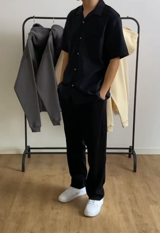 Shirt And Slacks Men Outfit, Office Male Outfit, Boyfriend Material Outfits Men, Men Dark Outfit, Male Outfits Casual Simple, Black Shirt Outfit Men Aesthetic, Black Polo Outfit Men, Black Outfits For Men, Black Shirt Outfit Men