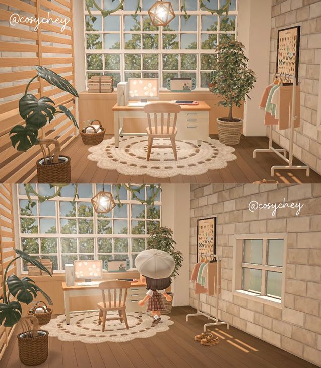 three different views of a living room and dining area in an animated style with wood flooring