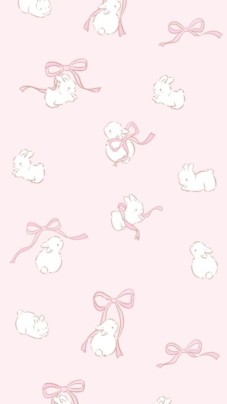 a pink wallpaper with white rabbits and bows on the bottom, in front of a light pink background