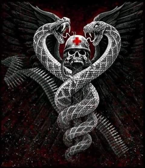 a black and white drawing of a snake with a red cross on it's head