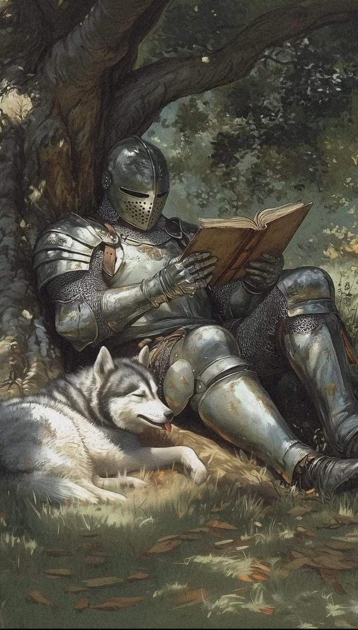 a painting of a knight sitting under a tree reading a book next to a wolf