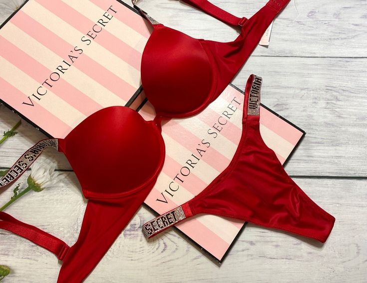 Victoria’s Secret Sexy RHINESTONE Shine Strap Push Up Bra Thong Set Smooth Red | eBay Push Up Bra Victoria's Secret, Victoria Secret Red Bra, Victoria Secret Red Set, Victoria Secret Pink Bras Set, Victoria Secret Outfit Ideas, Victory Secret Bras, Red Bra Set, Victoria's Secret Bras, Victoria Secret Rhinestone Set