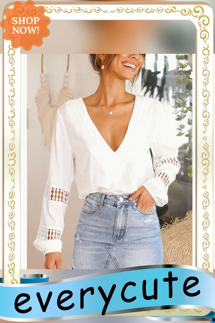 White V Neck Crochet Hollow-out Blouse Chic V-neck Crochet Top For Fall, Chic V-neck Crochet Top For Day Out, Chic Long Sleeve Hollow Out Tops, Chic Crochet V-neck Top For Fall, Chic Long Sleeve Crochet Top For Spring, Chic Long Sleeve Crochet Top For Day Out, Long Sleeve Crochet Top For Spring, Long Sleeve Open Knit Blouse For Spring, Long Sleeve Crochet Top For Spring Day Out