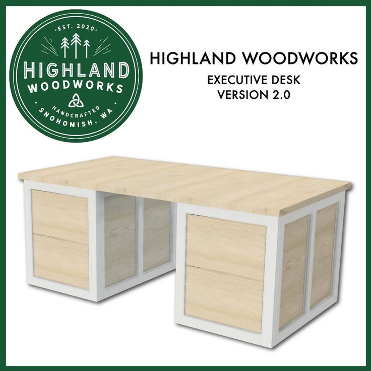 an image of a desk with the words highland woodworkss and executive desk version 2 0