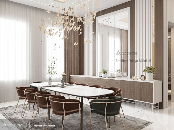 a dining room table with chairs and a chandelier hanging from it's ceiling