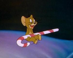 a cartoon mouse holding onto a candy cane