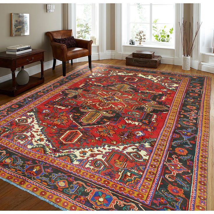 Introducing the Fine Vintage Heriz Noreen Red Rug, an embodiment of enduring tradition, craftsmanship, and timeless elegance. Red Orientalist Rug Living Room, Persian Rug Living Room, Red Vintage Rug, Red Turkish Rug, Charcoal Rug, Rug Dining Room, House Remodel, Rug Living Room, Red Rug