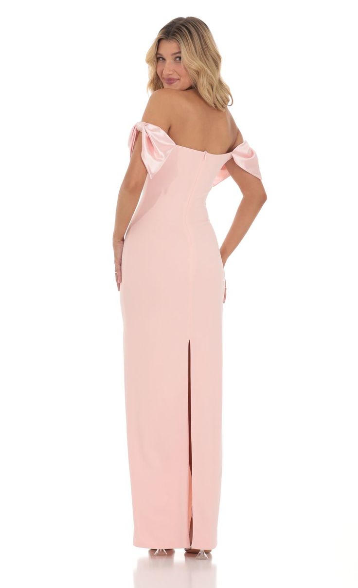 Off Shoulder Bow Sleeve Maxi Dress in Pink Pink Dresses For Birthday, Dresses For Formal Events, Light Pink Bridesmaid Dresses, Pink Bow Dress, Sleek Dress, Blush Pink Dresses, Classy Prom Dresses, Light Pink Dress, Preppy Dresses