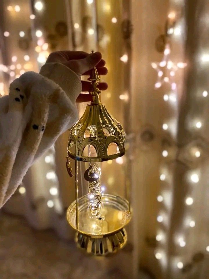 a person holding a small glass bell in front of a window with lights on it