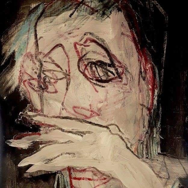 an abstract painting of a man's face and hands