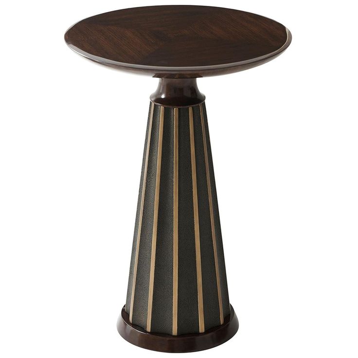 a wooden table with black and gold stripes on the top, against a white background