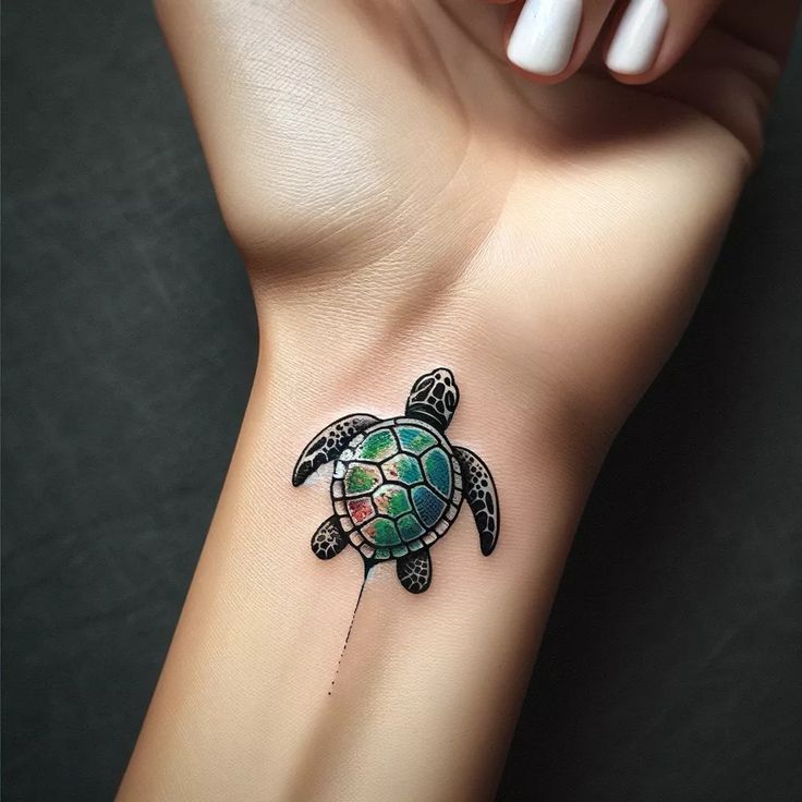 a woman's arm with a turtle tattoo on the left side of her body