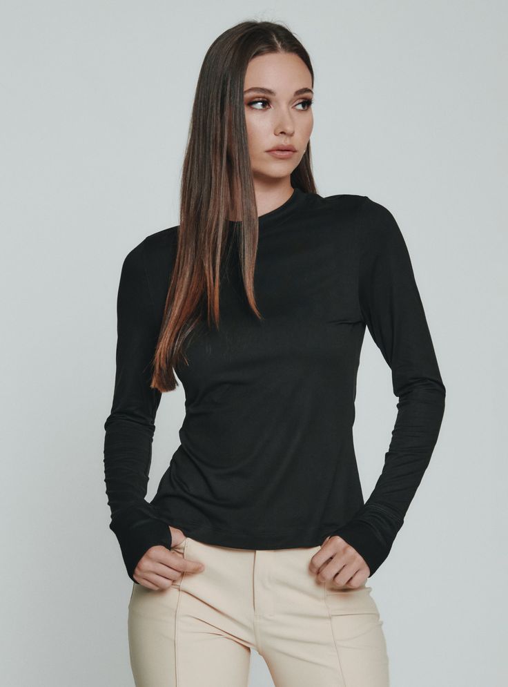 black-1003 Workout Session, Basic Long Sleeve, 4 Way Stretch Fabric, Closet Staples, Low Iron, Thumb Holes, Women Long Sleeve, Stretch Fabric, The House