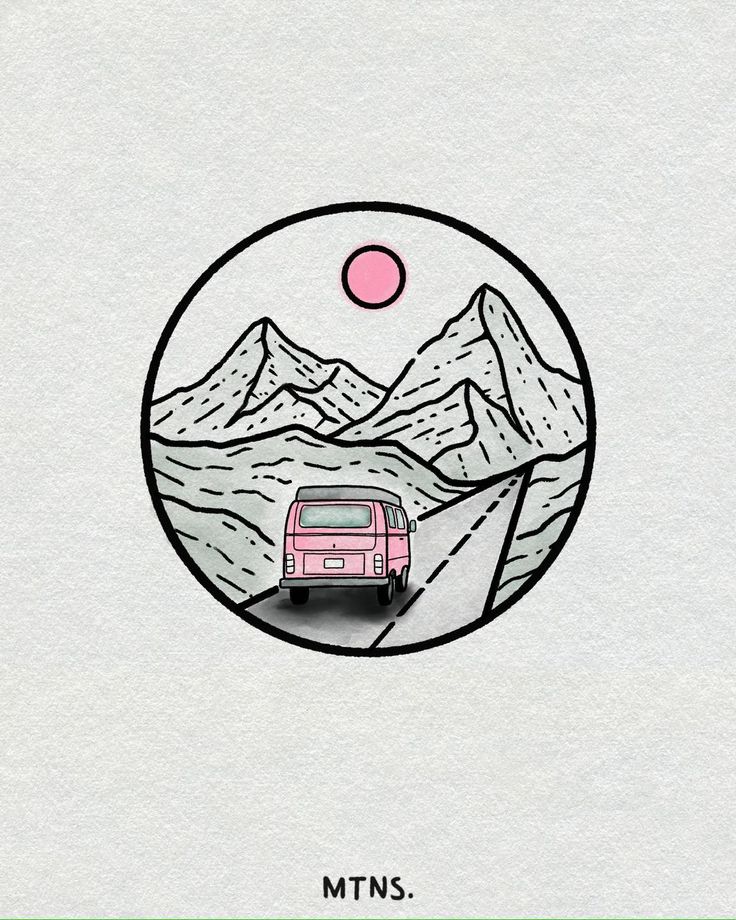 a pink van driving down a road with mountains in the background and a pink sun above it