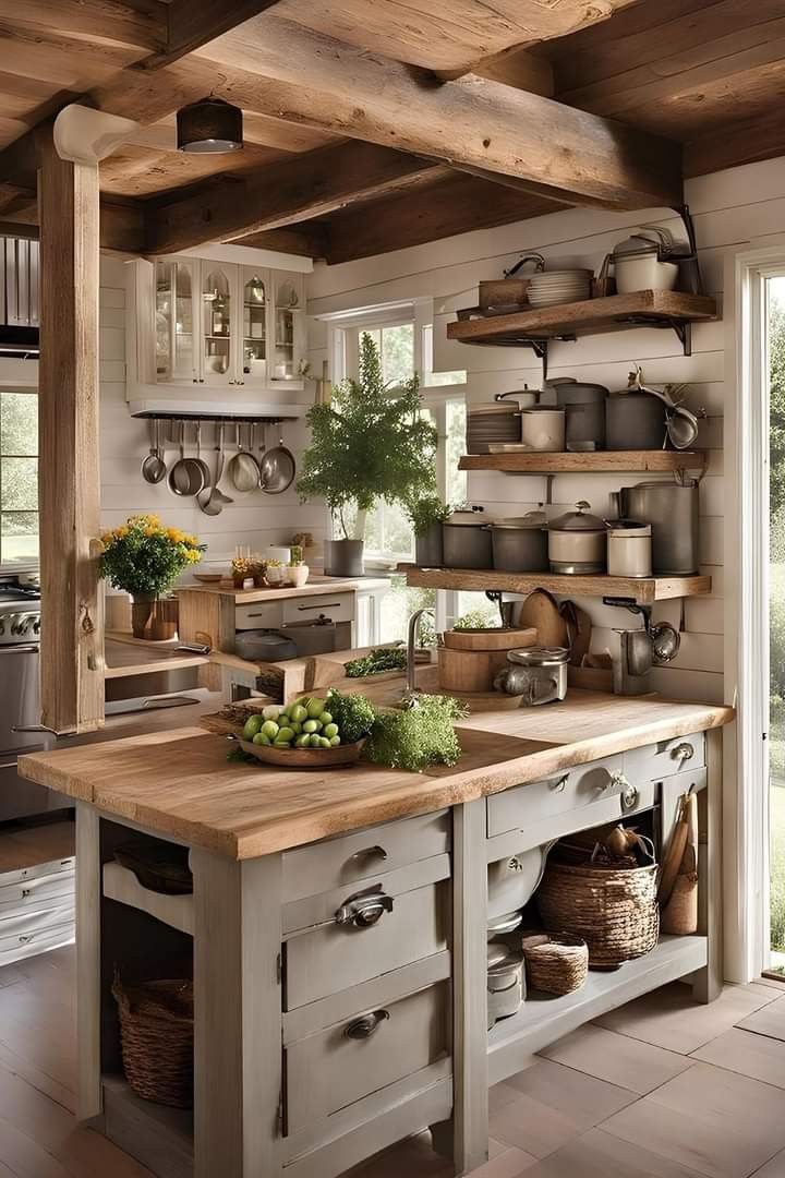 Rustic Log Cabin Kitchens Cabinets, French Country Kitchen Cabinets Farmhouse Style Open Shelving, Small Kitchen Country Style, Rustic Cottage Farmhouse, Country House Kitchen Ideas, Cabin Small Kitchen, Small Farm Kitchen, Rustic Open Shelving Kitchen, Small Rustic Kitchen Ideas