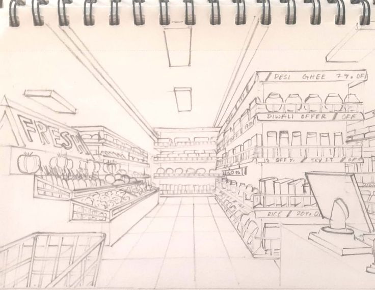 this is a drawing of a grocery store aisle with shelves full of groceries and other items