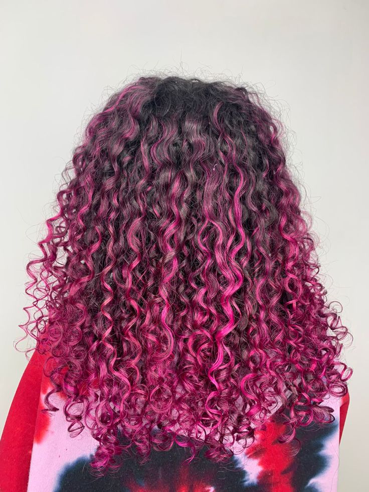 Magenta Highlights Curly Hair, Pink On Curly Hair, Pink Tips Curly Hair, Pink Streaks In Curly Hair, Brown Hair Pink Highlights Curly, Dark Pink Hair Curly, Curly Brown Hair With Pink Highlights, Pink And Black Hair Curly, Pink Highlights In Black Hair Curly