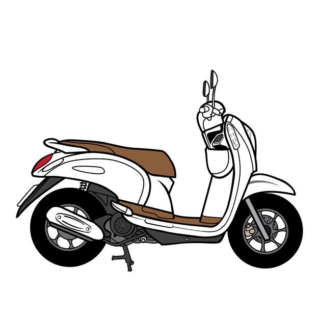 a white motor scooter with a brown seat