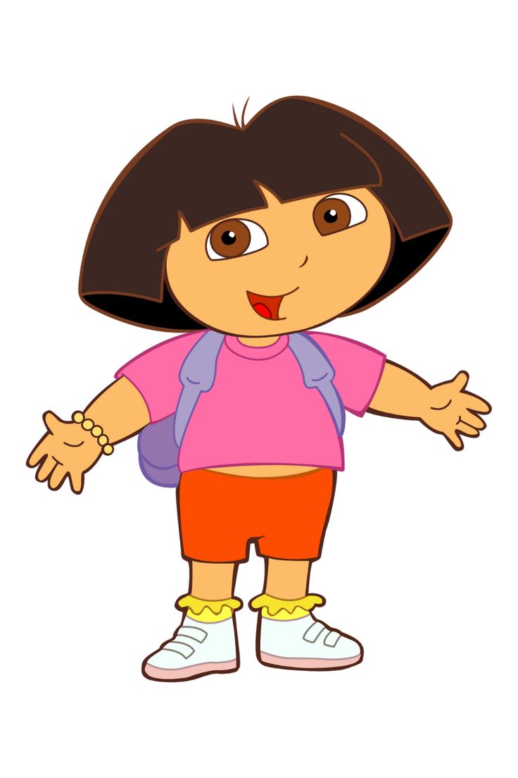 a cartoon girl in pink shirt and orange shorts with her hands out to the side