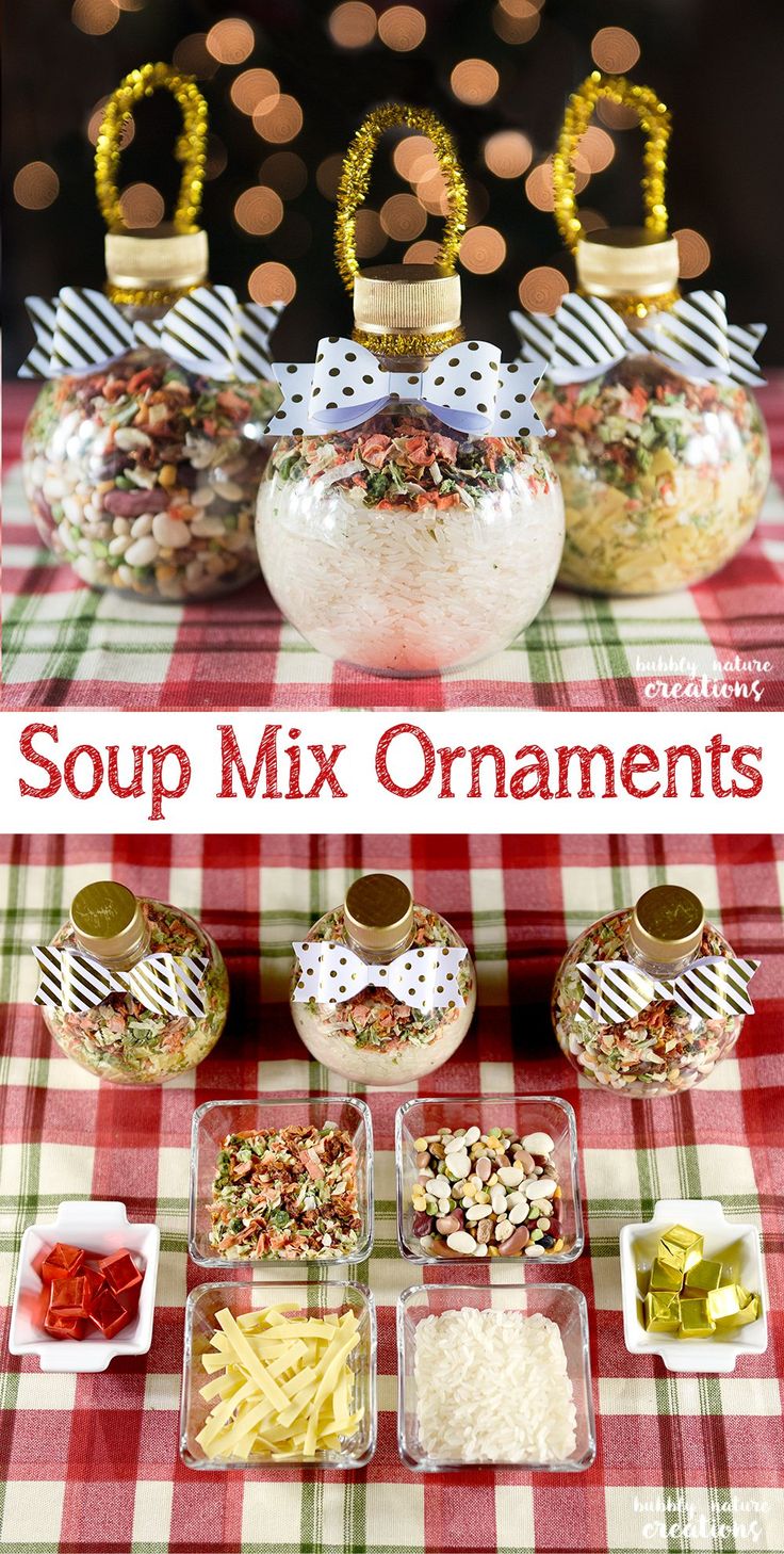 the ingredients for soup mix are displayed in glass containers on a red and white checkered tablecloth