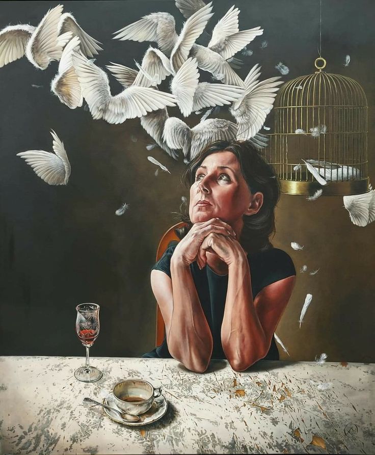 a painting of a woman sitting at a table with white birds flying over her head