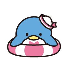 a cartoon penguin wearing a pink and white life jacket with a hat on it's head