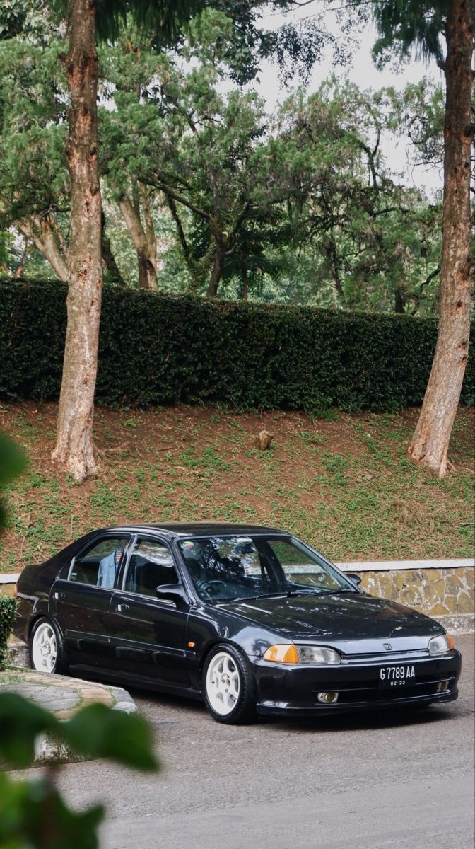 a black car parked on the side of a road next to some trees and bushes