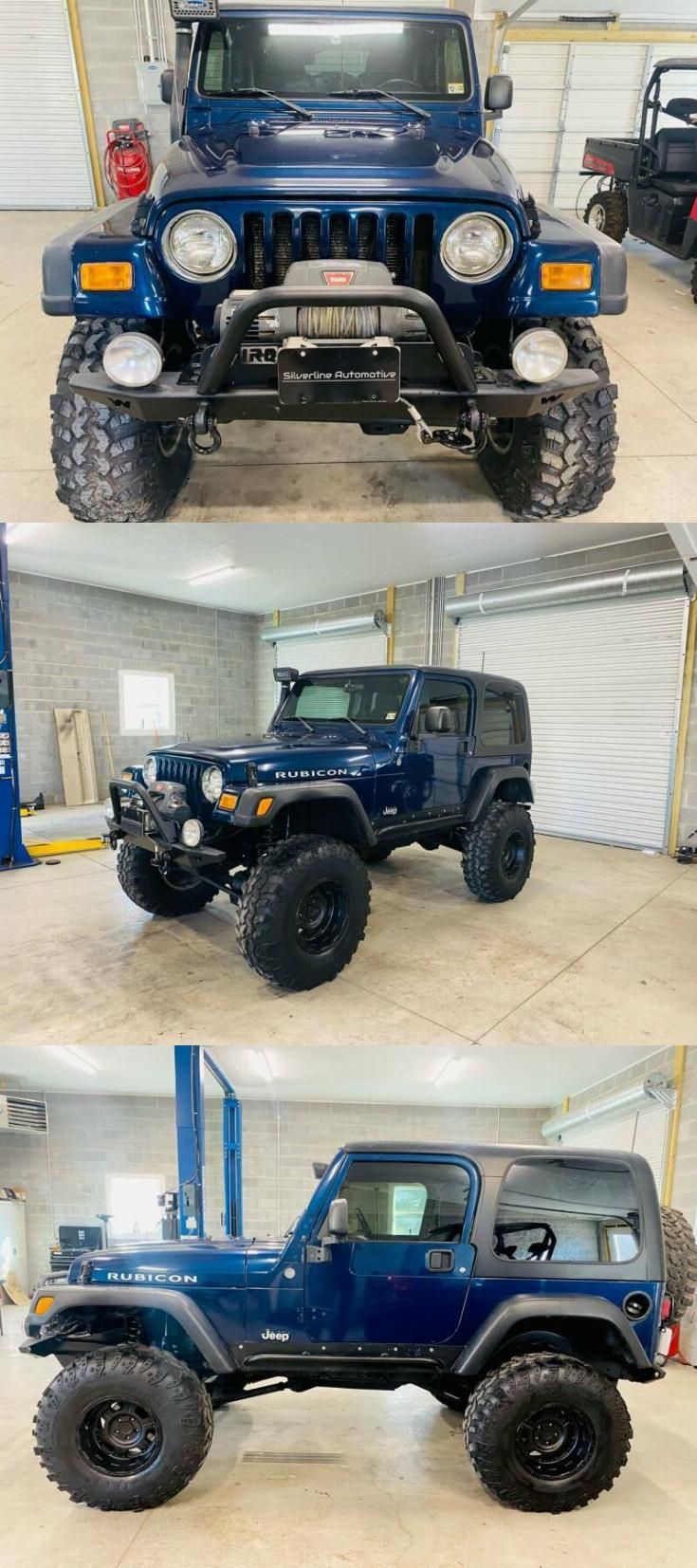 four different pictures of the front and rear sides of a blue jeep in a garage