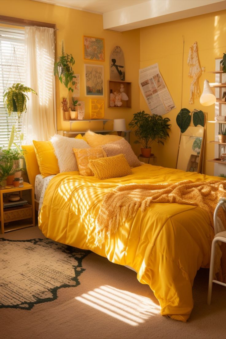 yellow dorm room decor Dorm Room Ideas Bohemian, Yellow Dorm Room Ideas, Yellow Dorm Room, Yellow Bedroom Walls, Yellow Room Decor, Room Ideas Bohemian, Room Decor Inspiration, Dorm Room Ideas, Yellow Room