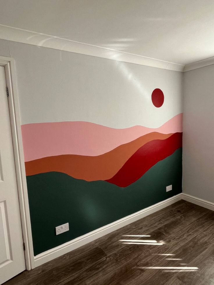 Bedroom feature wall mural of a sunset and mountains Diy Feature Wall Paint Bedroom, Simple Paint Mural, Sunset Bedroom Walls, Mountain Sunset Wall Mural, Mural For Bedroom Wall, Desert Sunset Wall Mural, Simple Bedroom Paint Ideas, Bedroom Mountain Mural, Simple Mountain Mural Nursery