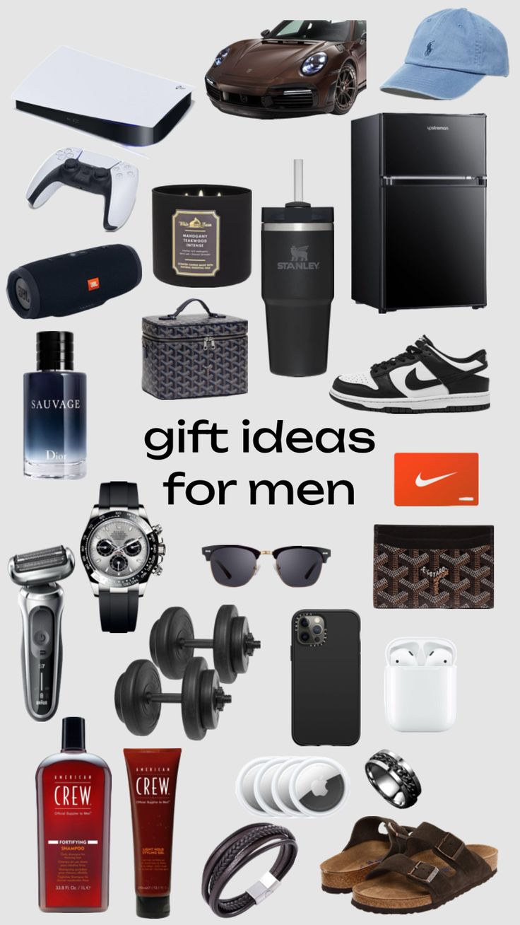 a bunch of items that are on top of a white background with the words gift ideas for men