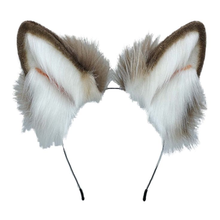 a pair of white and brown furry ears on a headband with long tail feathers