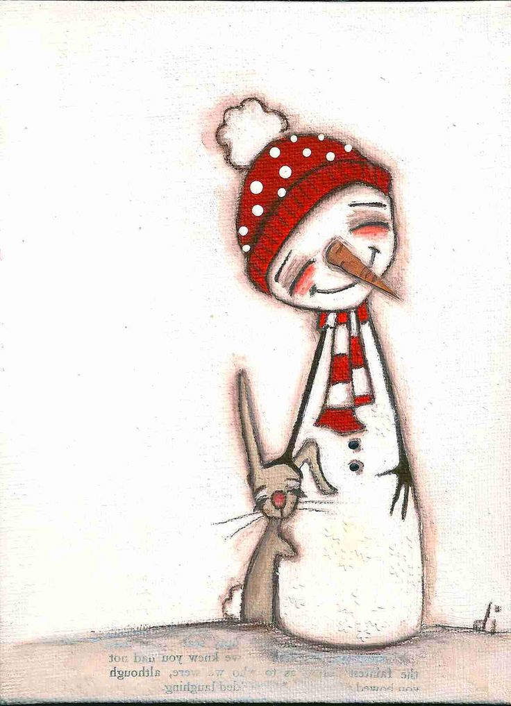 a drawing of a snowman with a carrot in it's mouth and a cat standing next to him