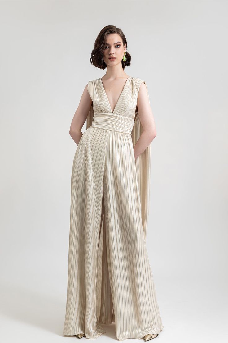 Her Trove -Back cape wide pants jumpsuit Champagne Jumpsuit, Wedding Views, Neutral Jumpsuit, Beige Jumpsuit, Gold Jumpsuit, Flowy Jumpsuit, Pants Jumpsuit, Jumpsuit Long, Hair Dress