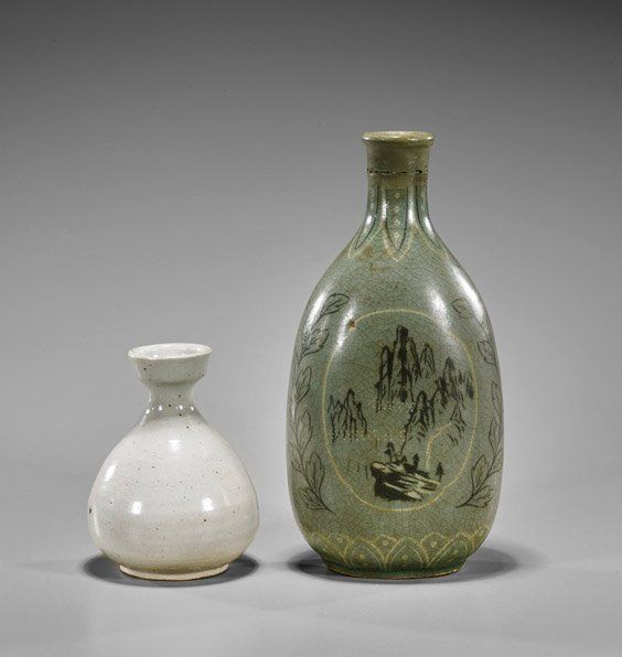 Two Korean Celadon Porcelain Vases, flattened egg-form with reserves of a bearded man and landscape to each side; together with globular form with flared rim; H: 9” (taller) Korean Celadon, Korean Pottery, Korea Traditional, Traditional Culture, Bearded Man, Surface Decoration, Korean Art, Natural Forms, Porcelain Vase