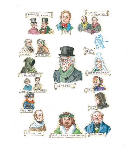 a drawing of people with different hats and names on them, including one man wearing a top hat