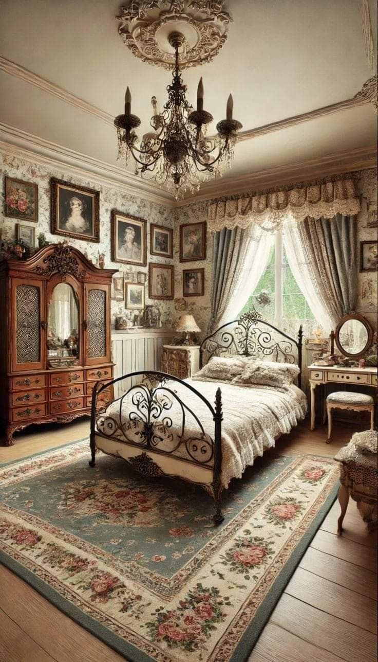 a bed room with a neatly made bed and a chandelier