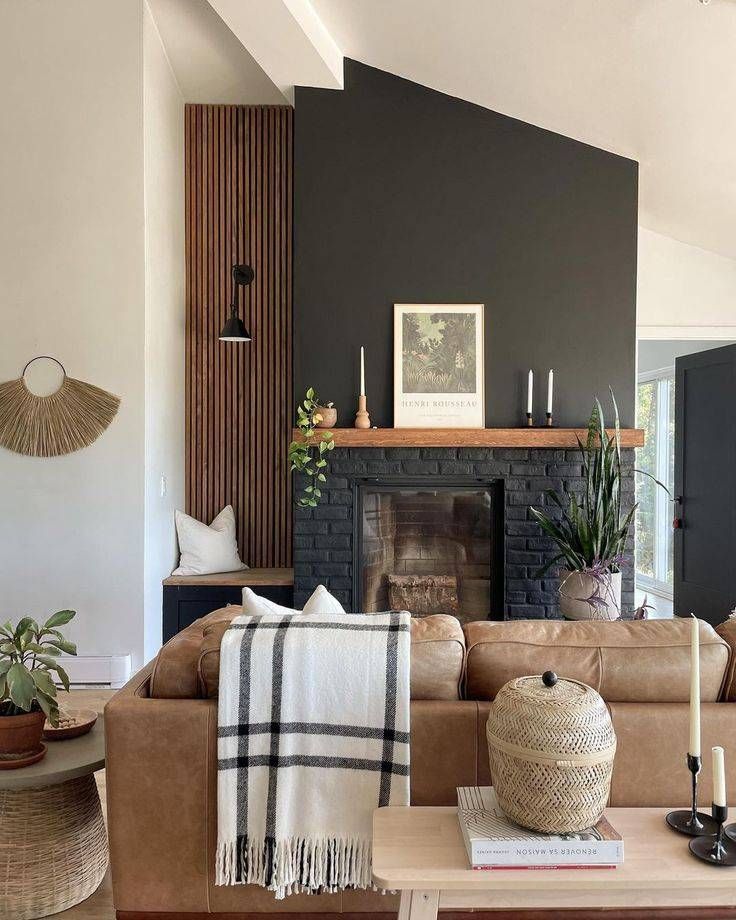 a living room filled with furniture and a fire place in front of a brick fireplace