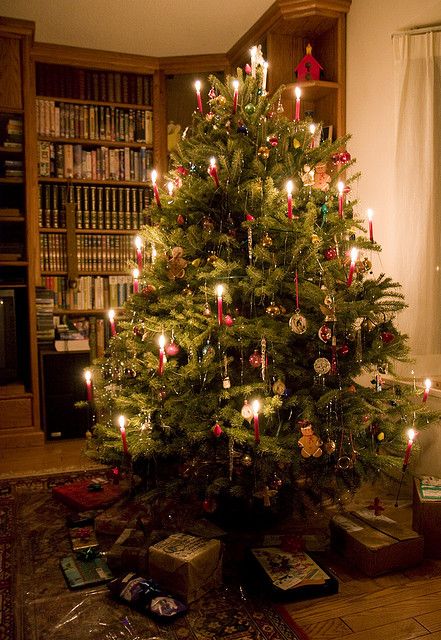 a small christmas tree with lit candles and presents under it in front of a bookshelf