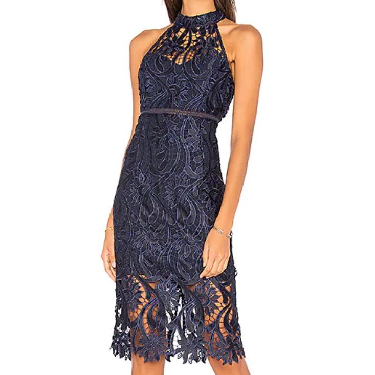 French Navy Color Navy Fitted Midi Dress, Blue Sheath Midi Dress For Party, Chic Midi-length Lace Party Dress, Chic Navy Fitted Mini Dress, Chic Midi Lace Dress For Party, Chic Lace Midi Dress For Party, Navy Midi Length Evening Dress, Navy Knee-length Evening Dress, Chic Fitted Navy Dress