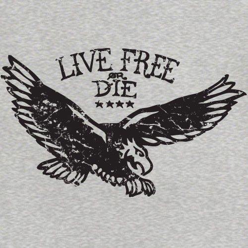 an eagle with the words live free and die written in black on a gray shirt