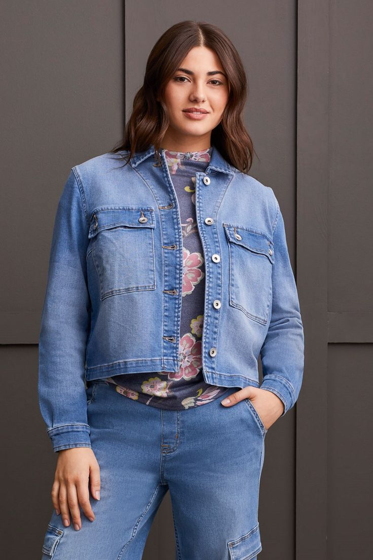 alt view 1 - TEXTURED DENIM JACKET WITH PATCH POCKETS-Blue delight Denim Shirt Jacket, Denim Jacket With Fur, Denim Jacket Patches, Stretch Denim Fabric, Border Embroidery, Spirit Wear, Embroidered Details, Denim Leggings, Knitwear Cardigan