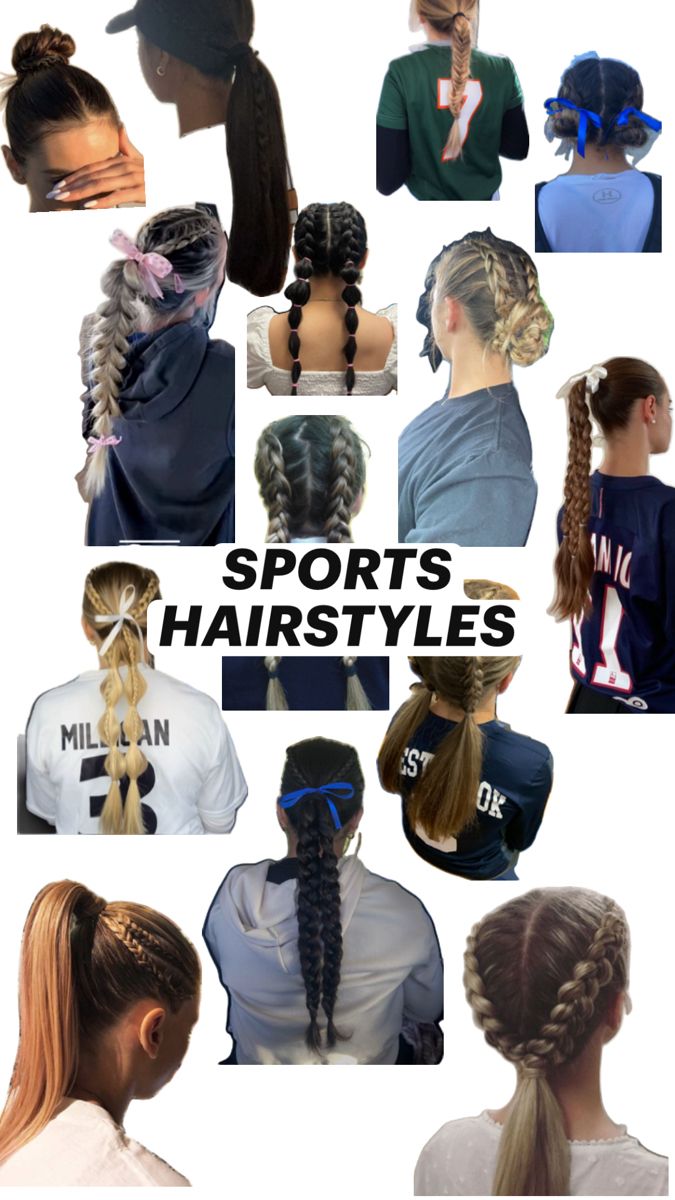 Sports hairstyle variations for netball,basketball,volleyball,soccer,baseball,and tennis for girls Soccer Girl Hairstyles, Cute Up Hairstyles, Football Hairstyles, Cute Volleyball Hairstyles, Cute Sporty Hairstyles, Football Hair, Running Hairstyles, Soccer Hairstyles, Soccer Hair