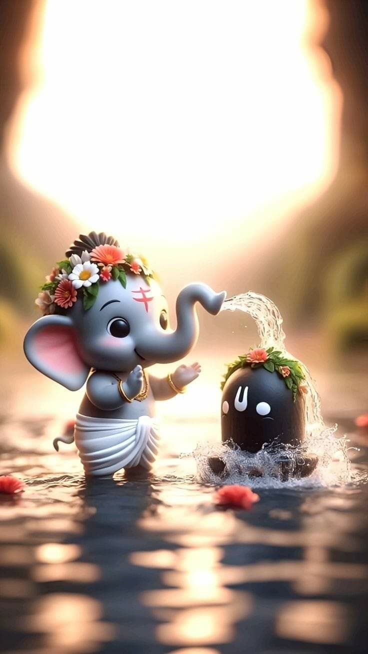 an elephant is standing in the water next to a ball with flowers on its head