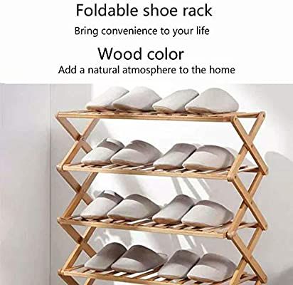 a wooden shoe rack with several pairs of shoes on top and bottom shelves in the middle