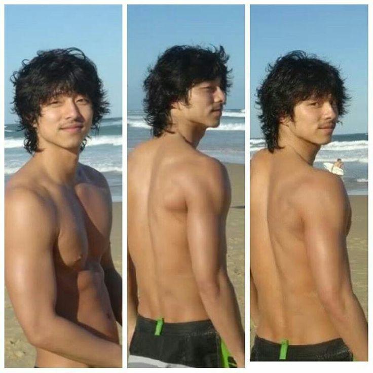 three pictures of a man with no shirt on at the beach