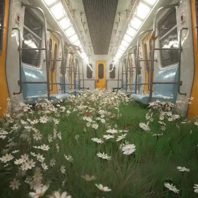 the inside of a subway car with flowers growing on the floor and in front of it