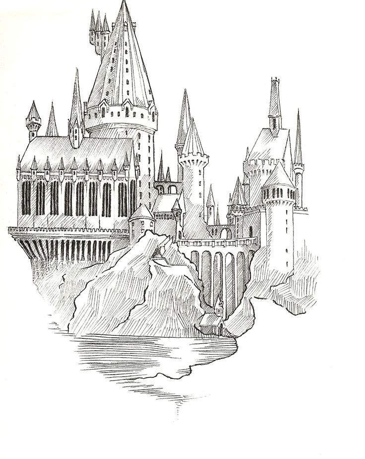 an ink drawing of a castle on top of a hill